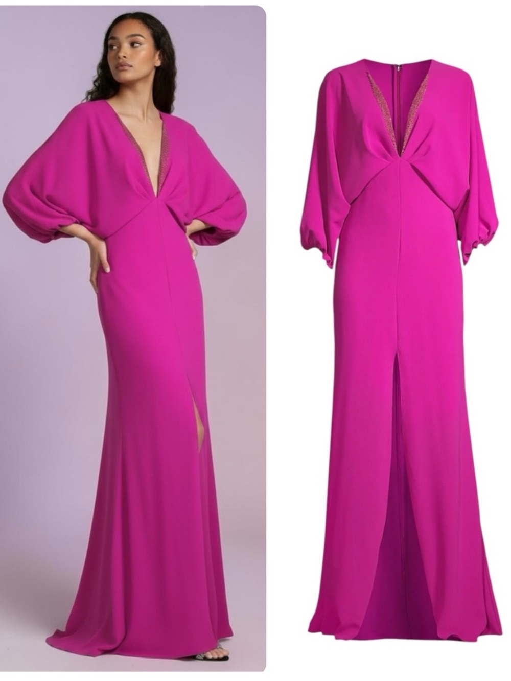SACHIN & BABI Gabby Magenta Plunging V-Neck Beaded Trim Maxi Gown Dress NWT $825